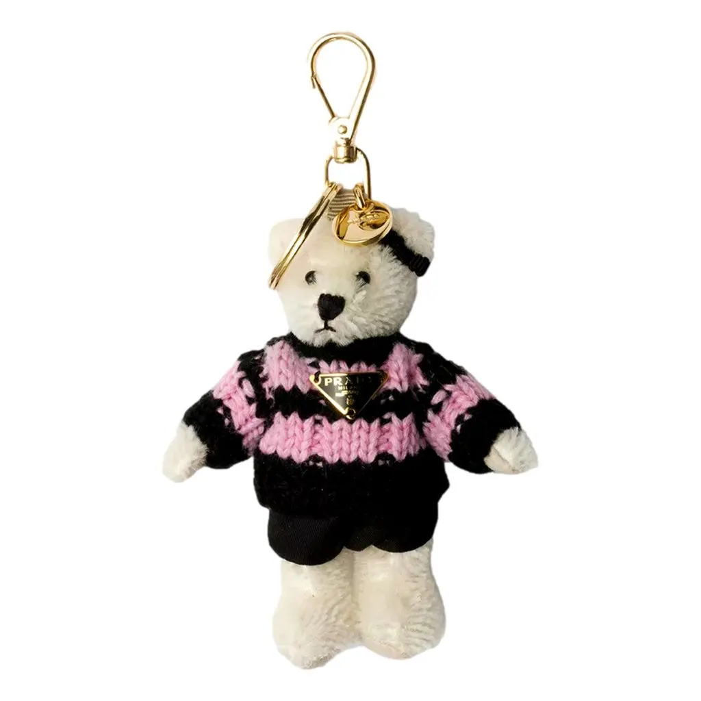 Prada Teddy Bear Cotton Mohair Bag Charm in Black Pink White Cotton Never worn - Front View