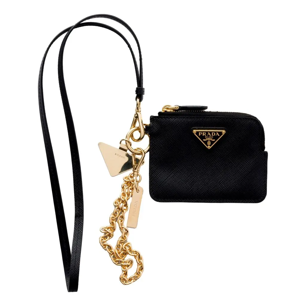 Prada Black Saffiano Leather Card Holder with Shoulder Strap White Leather Never worn - Front View