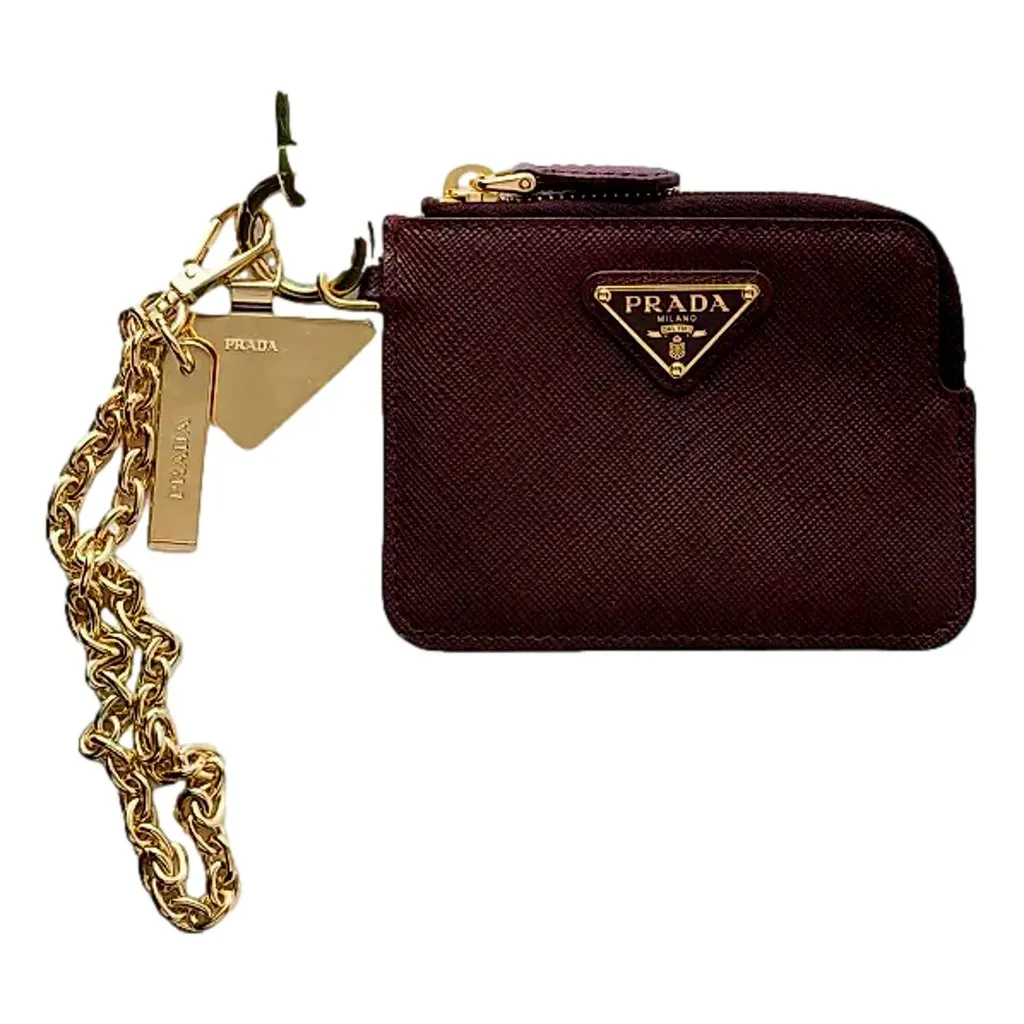Prada Burgundy Saffiano Leather Card Holder with Chain Strap Red Leather Never worn - Front View