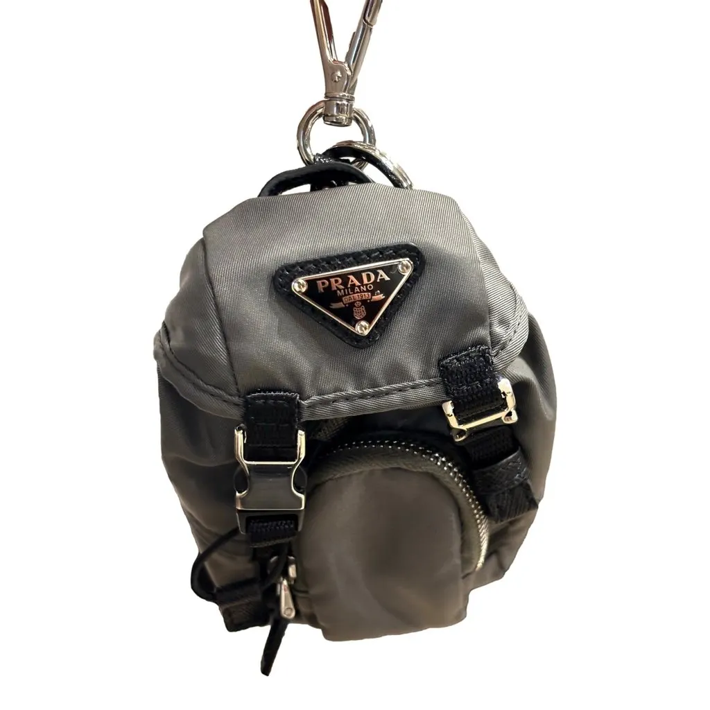 Prada Grey Nylon Mini Backpack Bag Charm Keychain with Triangle Logo