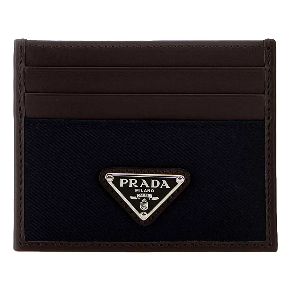 Prada Smooth Leather Tessuto Nylon Card Holder Wallet Black Brown Black Polyamide Never worn - Front View