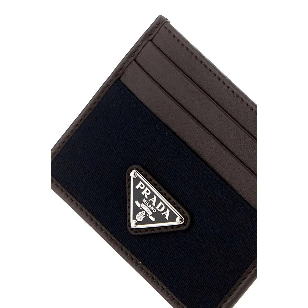 Prada Smooth Leather Tessuto Nylon Card Holder Wallet Black Brown Black Polyamide Never worn - Model View