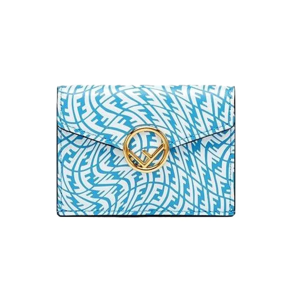 Fendi F is Fendi Cyber Blue Leather Vertigo Print Small Trifold Wallet Blue Leather Never worn - Front View