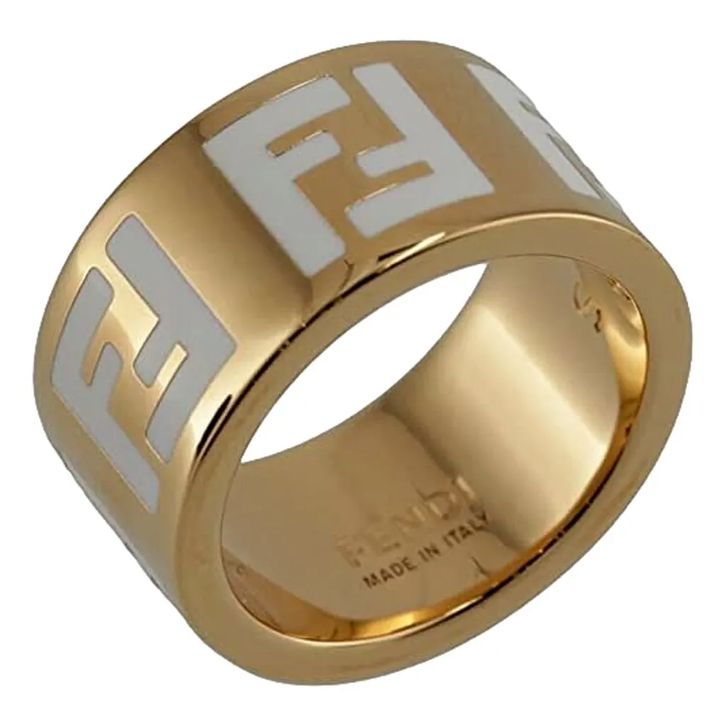 Fendi FF Forever Gold Tone Metal Ring White Enamel Logo Medium Yellow Never worn - Front View
