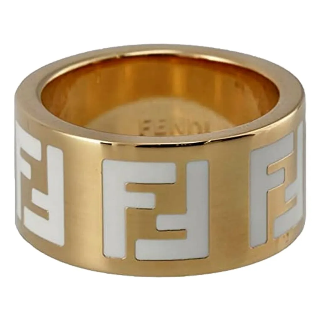 Fendi FF Forever Gold Tone Metal Ring White Enamel Logo Medium Yellow Never worn - Back View