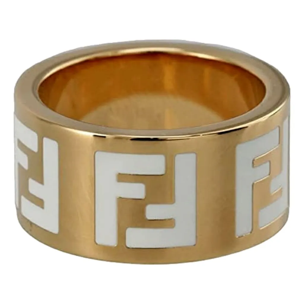 Fendi FF Forever Gold Tone Metal Ring White Enamel Logo Medium Yellow Never worn - Model View