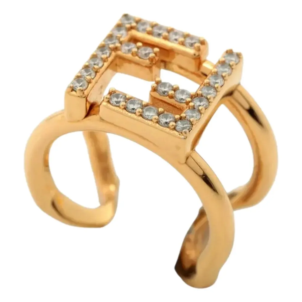 Fendi FF Anello Gold and Crystal Embellished Ring Small Gold Never worn - Front View