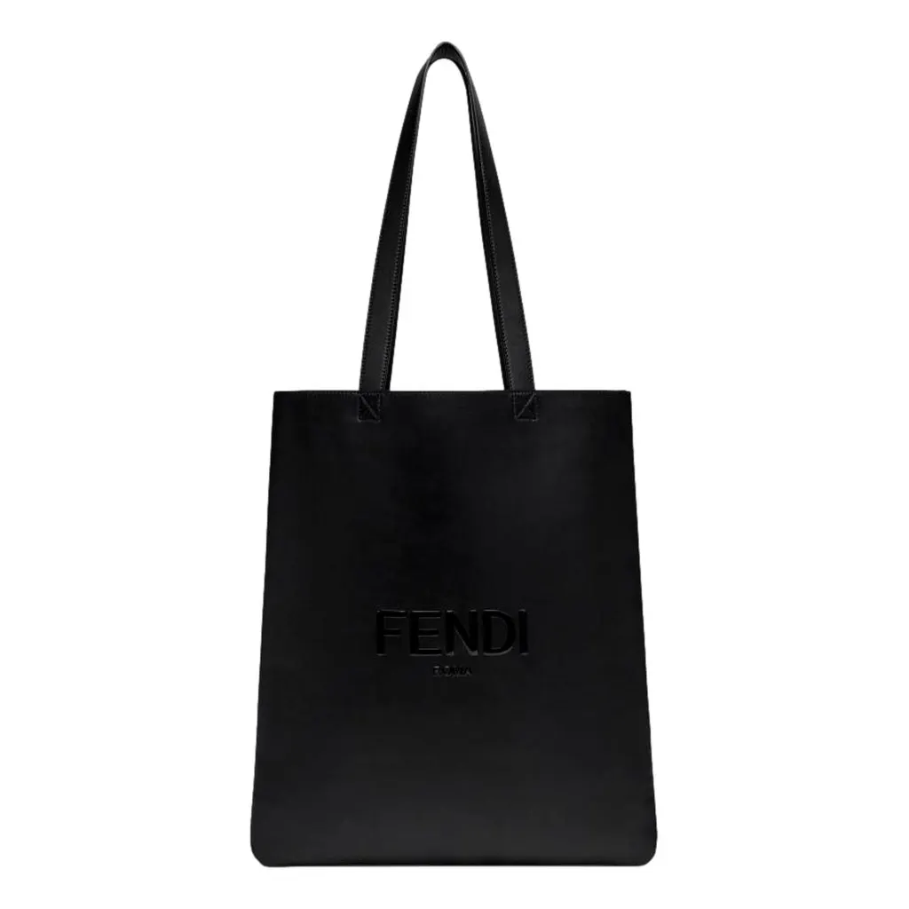Fendi Roma Embossed Logo Black Calf Leather Large Shopping Tote Bag Black Leather Never worn - Front View