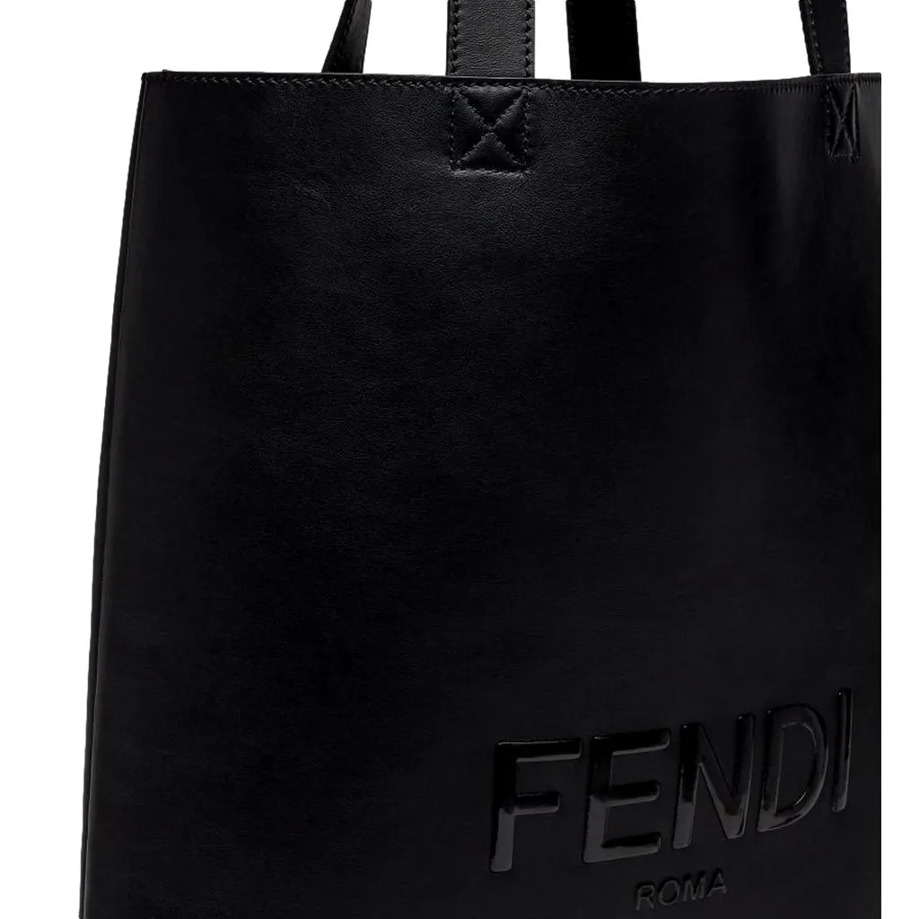 Fendi Roma Embossed Logo Black Calf Leather Large Shopping Tote Bag Black Leather Never worn - Inside View