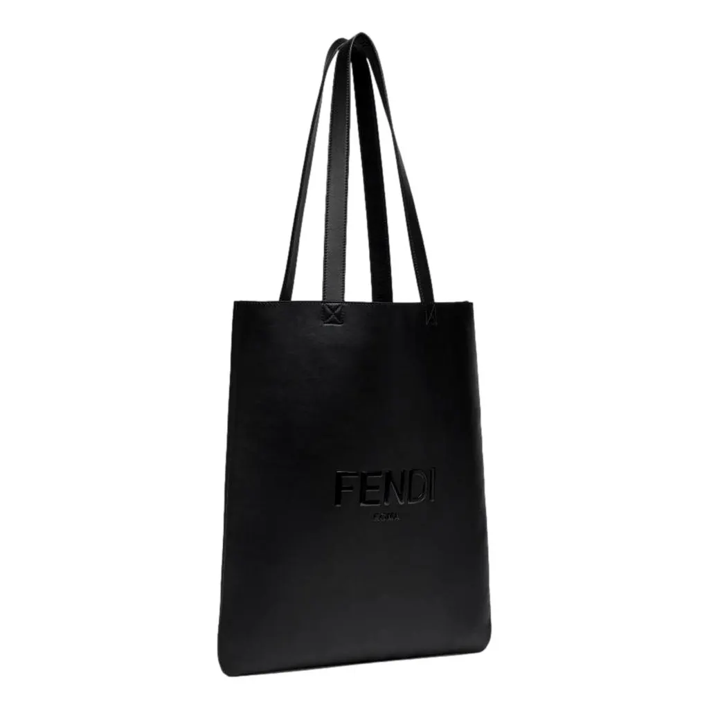 Fendi Roma Embossed Logo Black Calf Leather Large Shopping Tote Bag Black Leather Never worn - Model View