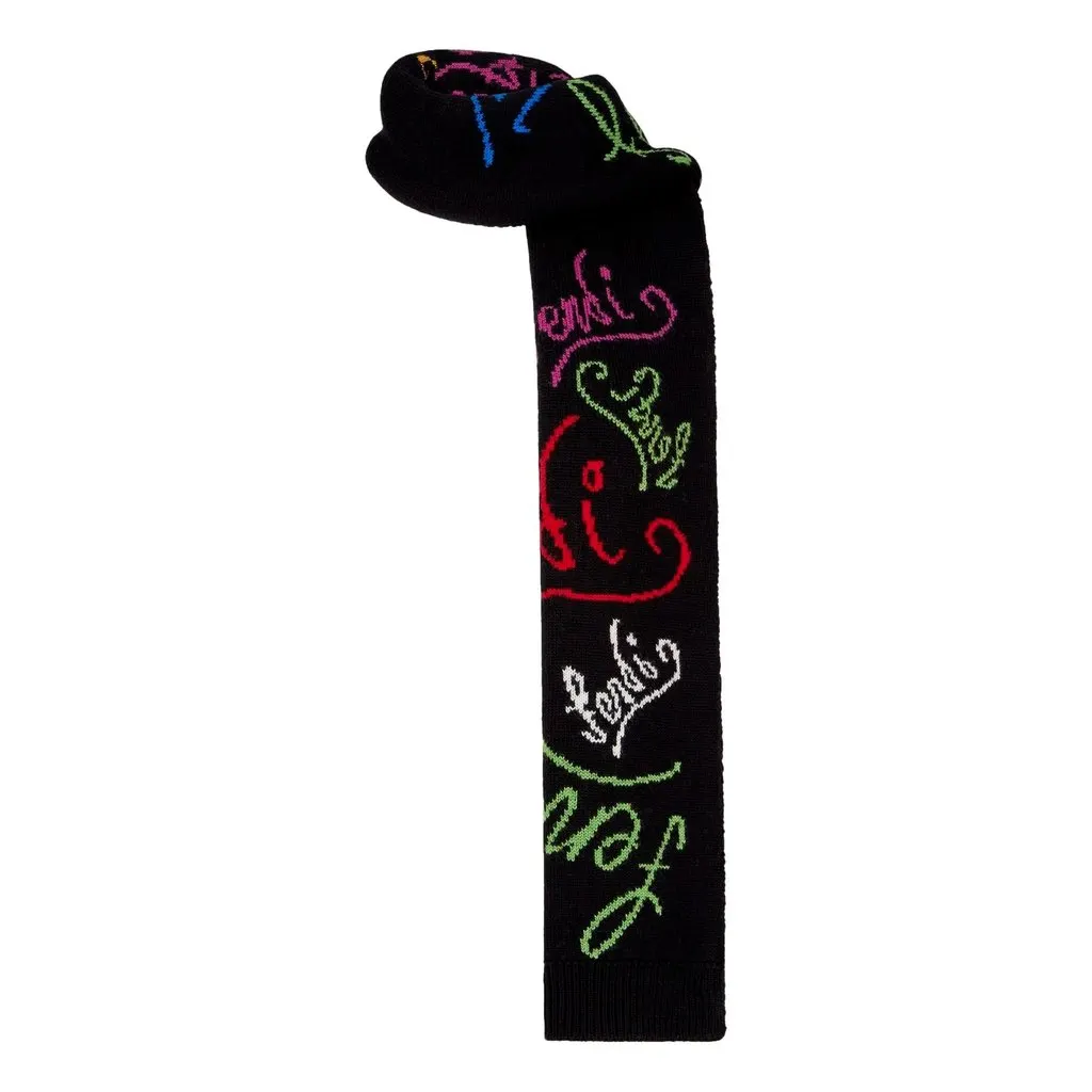 Fendi x Noel Felding Motif Nero Woven Wool Scarf Black Wool Never worn - Front View