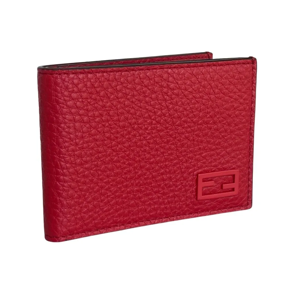 Fendi Red Grained Leather FF Logo Bifold Wallet Red Leather Never worn - Front View