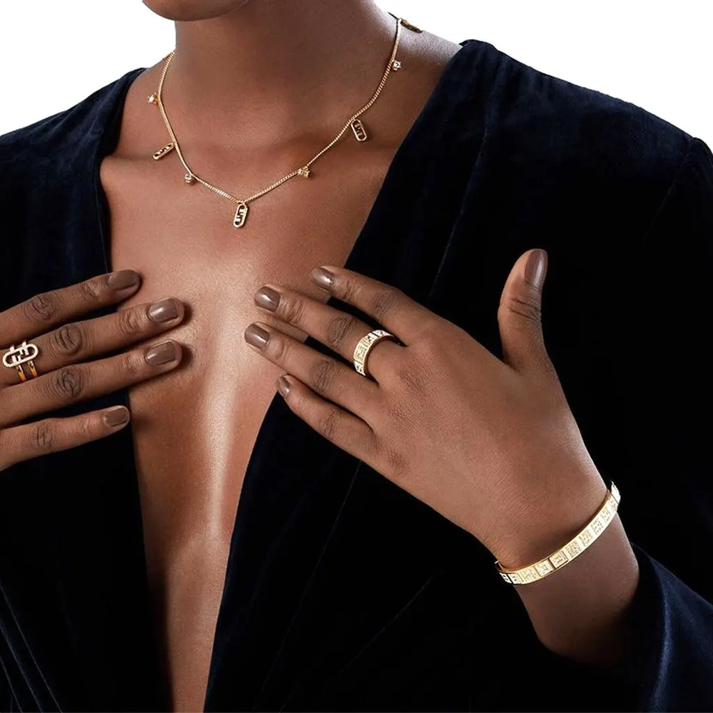 Fendi FF Crystal Embellished Wide Band Gold Ring Small Gold Never worn - Back View