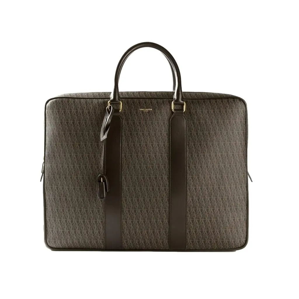 Saint Laurent Monogram Large Luggage Case Bag Dark Brown Coated Canvas Black Leather Never worn - Front View