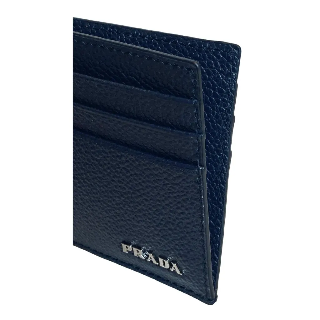 Prada Vitello Micro Grain Leather Baltico Blue Card Holder Wallet Blue Leather Never worn - Box View
