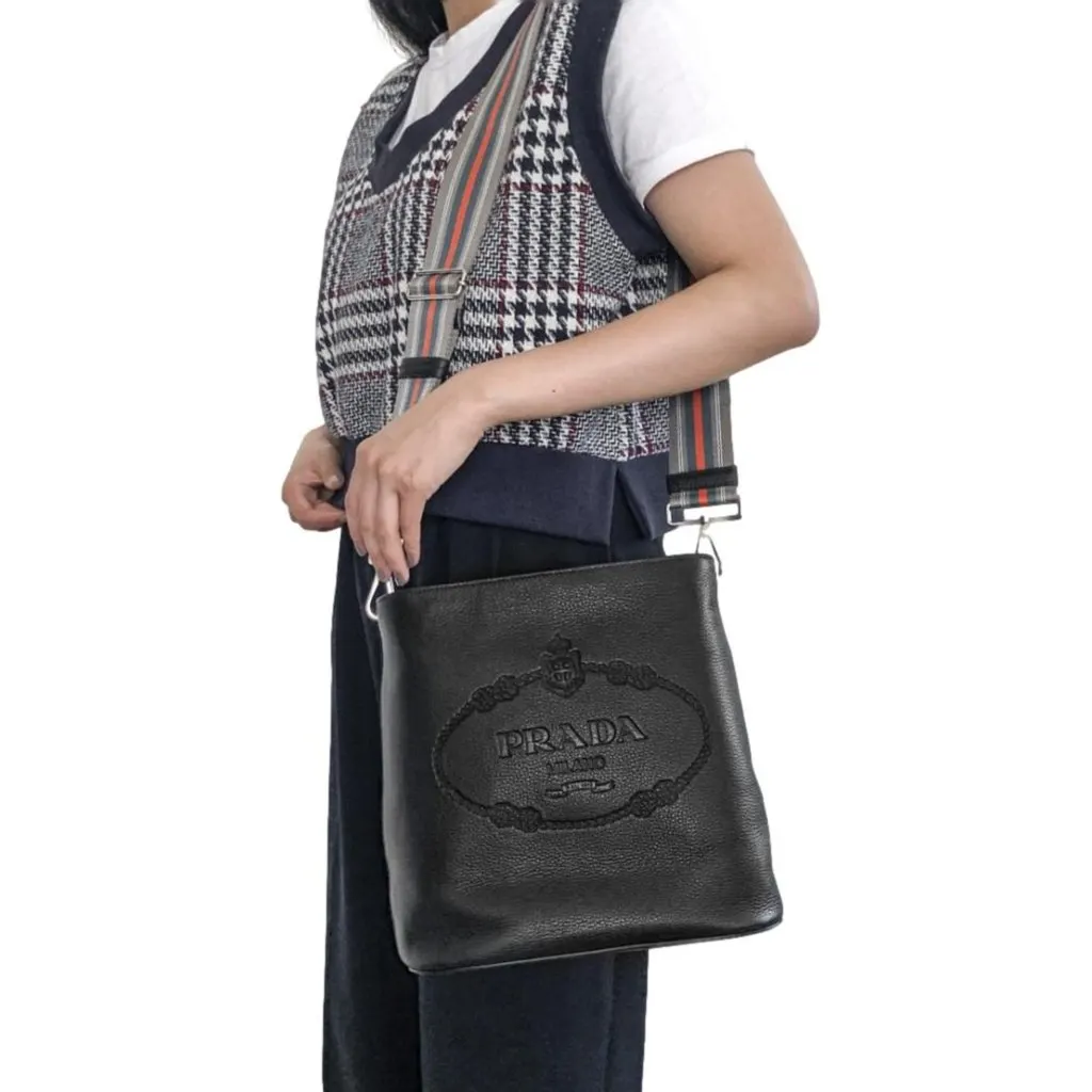 Prada Vitello Phenix Black Leather Web Strap Crossbody Bucket Bag Black Leather Never worn - Back View