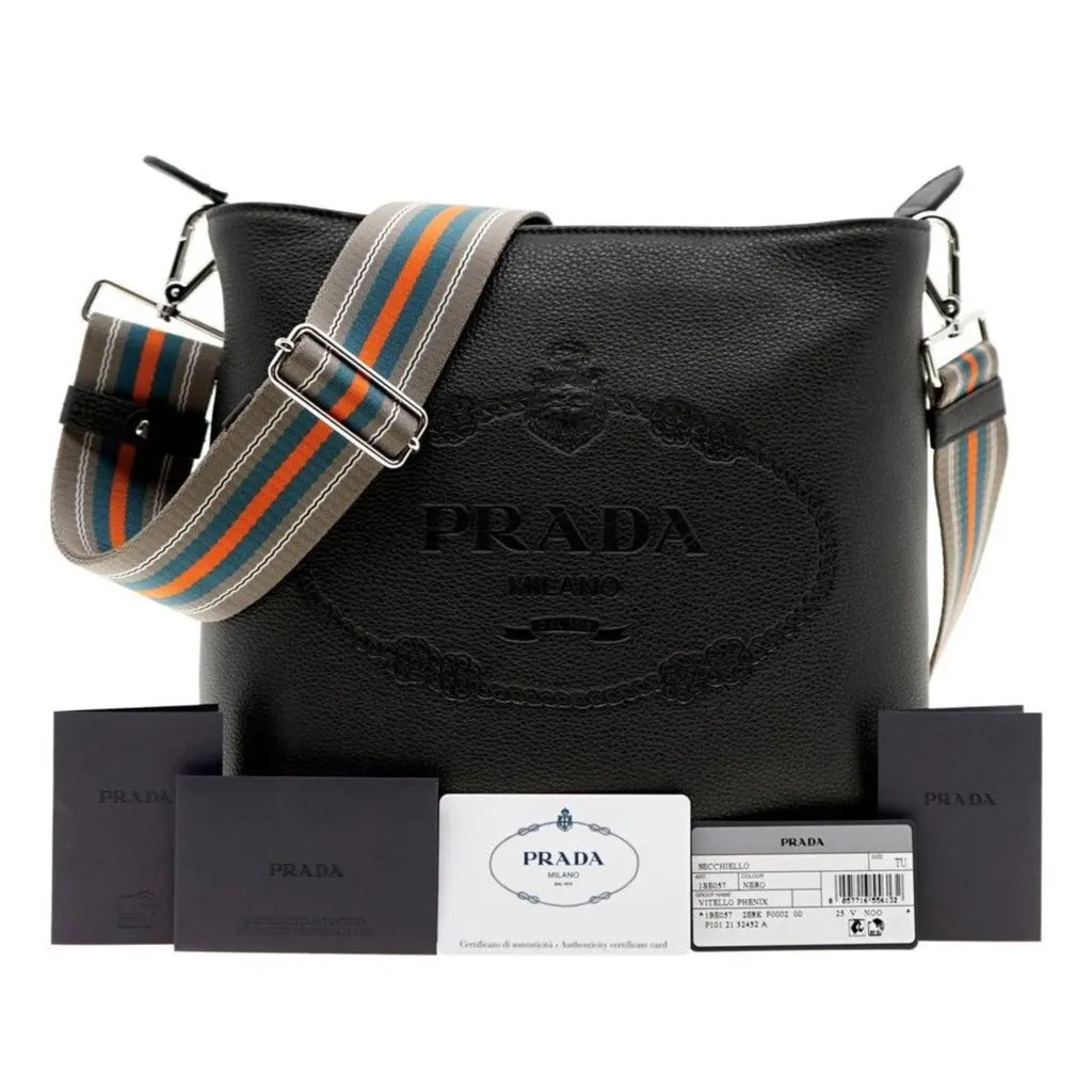 Prada Vitello Phenix Black Leather Web Strap Crossbody Bucket Bag Black Leather Never worn - Inside View