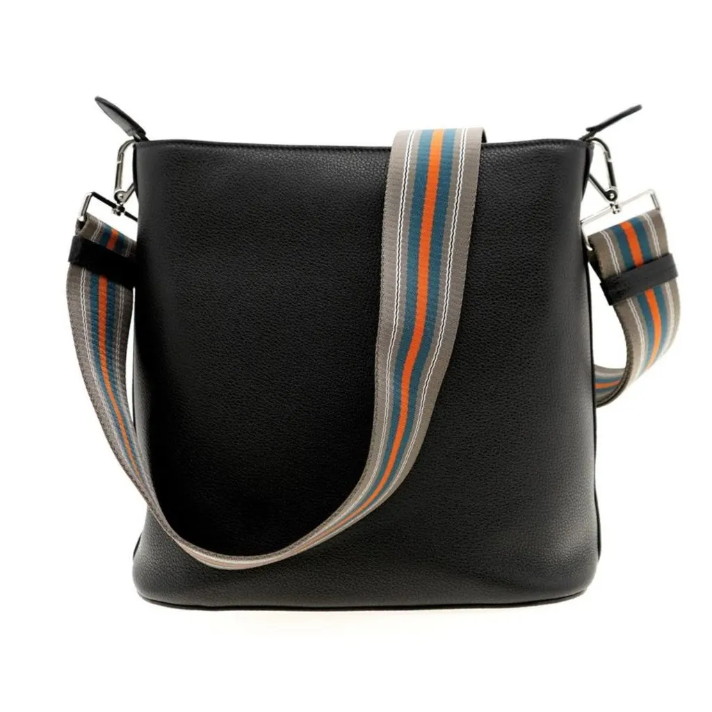 Prada Vitello Phenix Black Leather Web Strap Crossbody Bucket Bag Black Leather Never worn - Model View