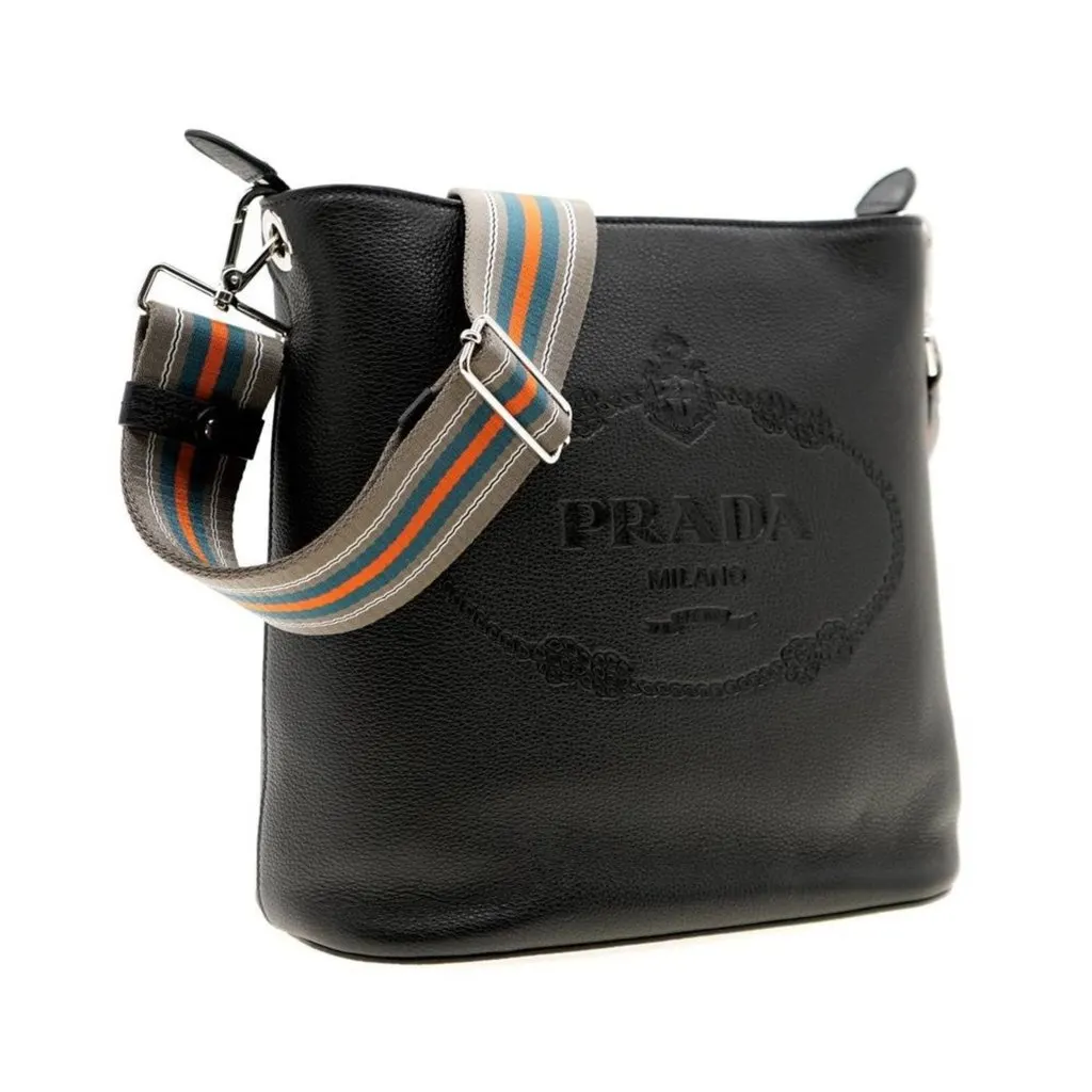 Prada Vitello Phenix Black Leather Web Strap Crossbody Bucket Bag Black Leather Never worn - Box View