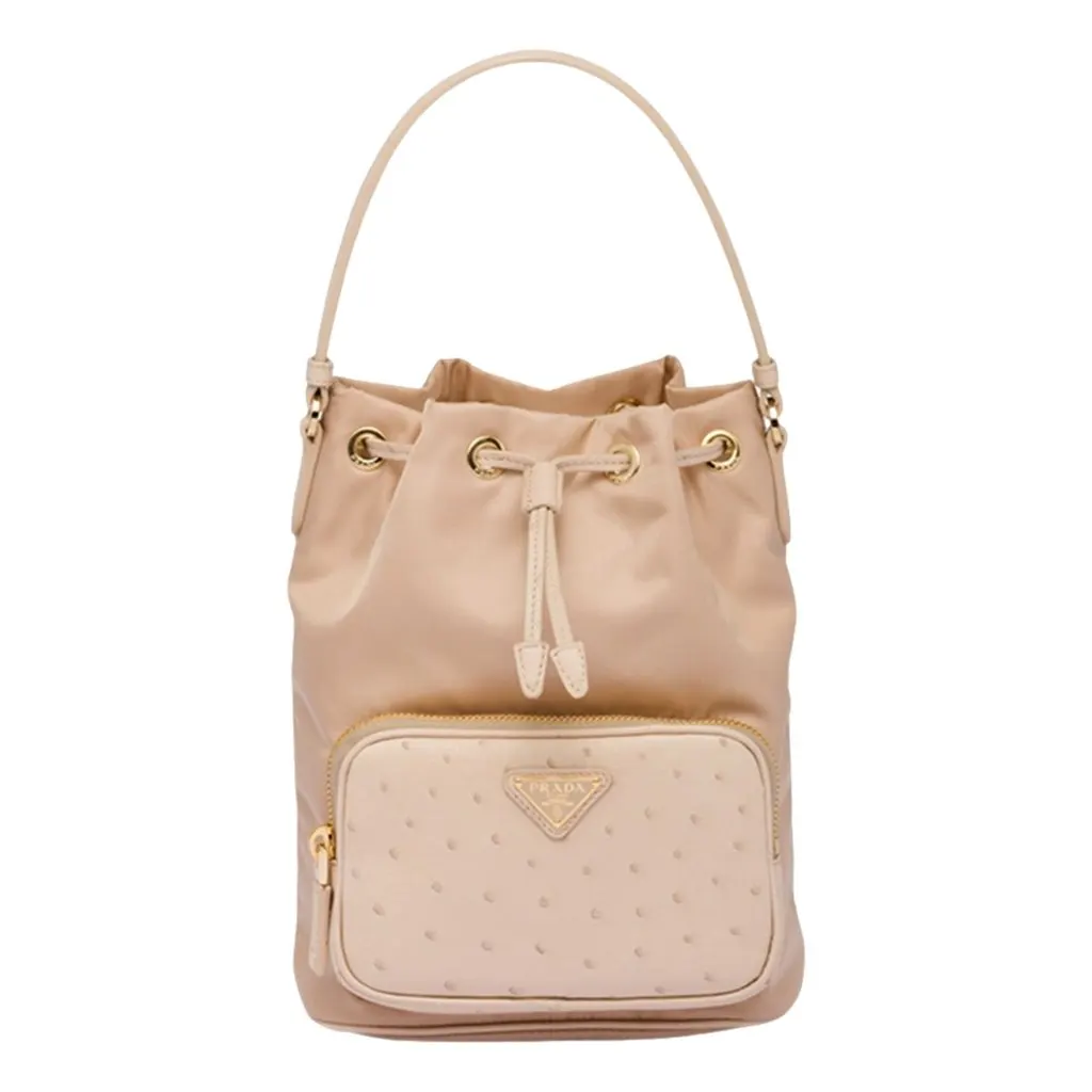 Prada Duet Tessuto Nylon and Ostrich Leather Bucket Bag in Cammeo Beige Brown Leather Never worn - Front View