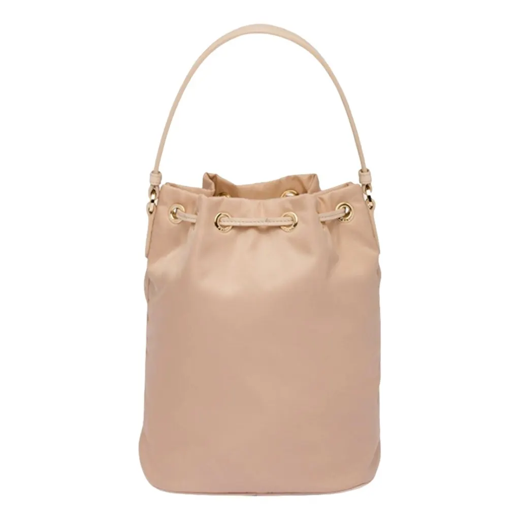 Prada Duet Tessuto Nylon and Ostrich Leather Bucket Bag in Cammeo Beige Brown Leather Never worn - Back View