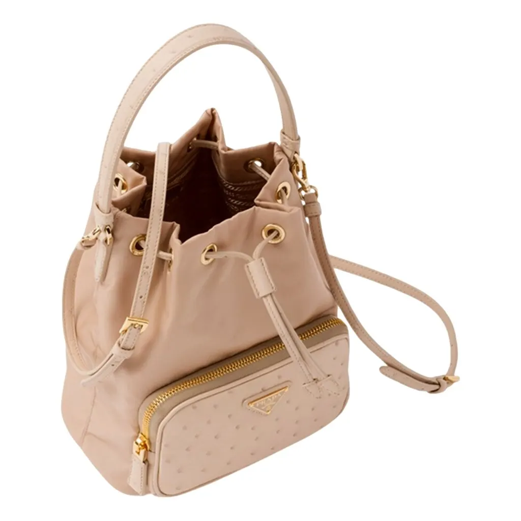 Prada Duet Tessuto Nylon and Ostrich Leather Bucket Bag in Cammeo Beige Brown Leather Never worn - Inside View