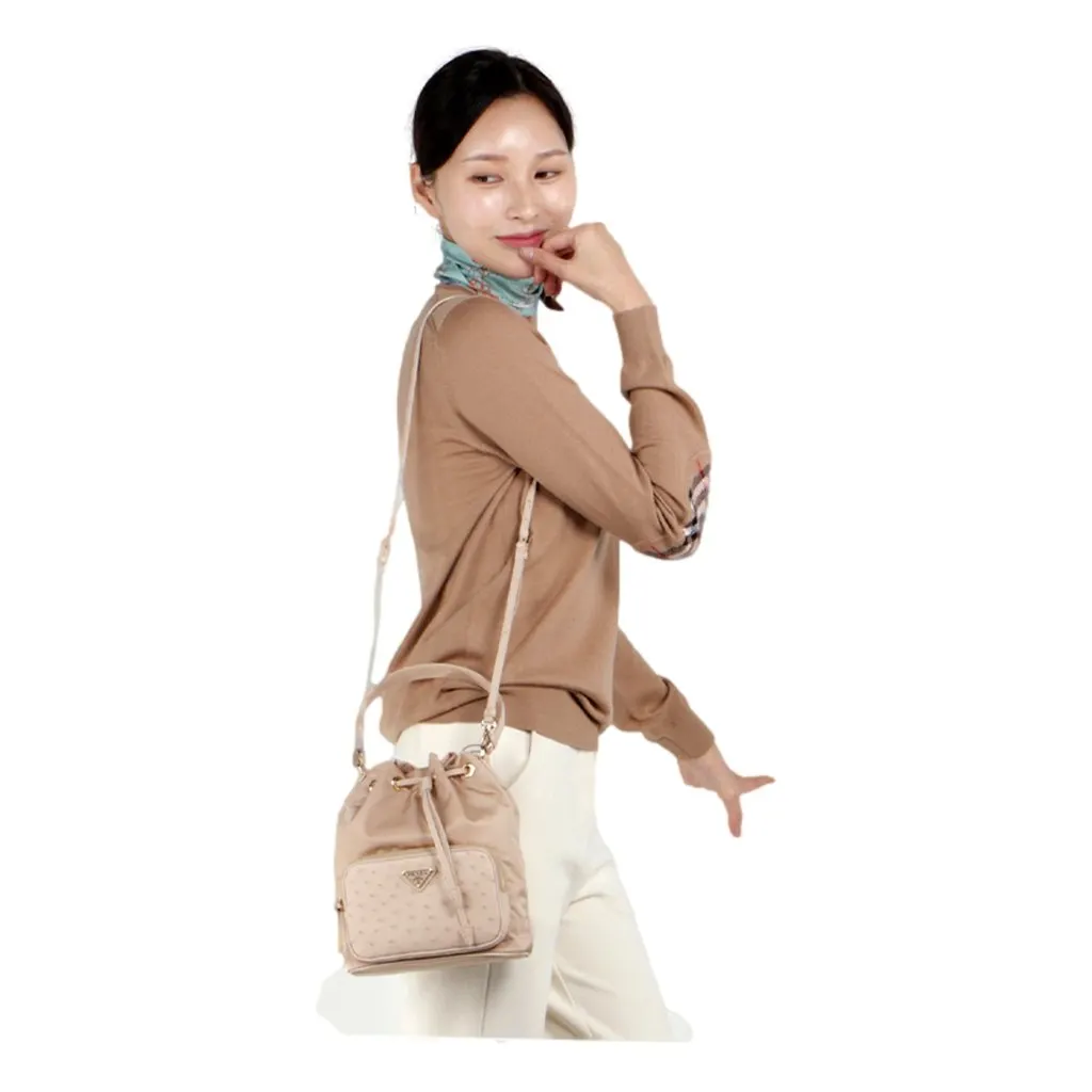 Prada Duet Tessuto Nylon and Ostrich Leather Bucket Bag in Cammeo Beige Brown Leather Never worn - Box View