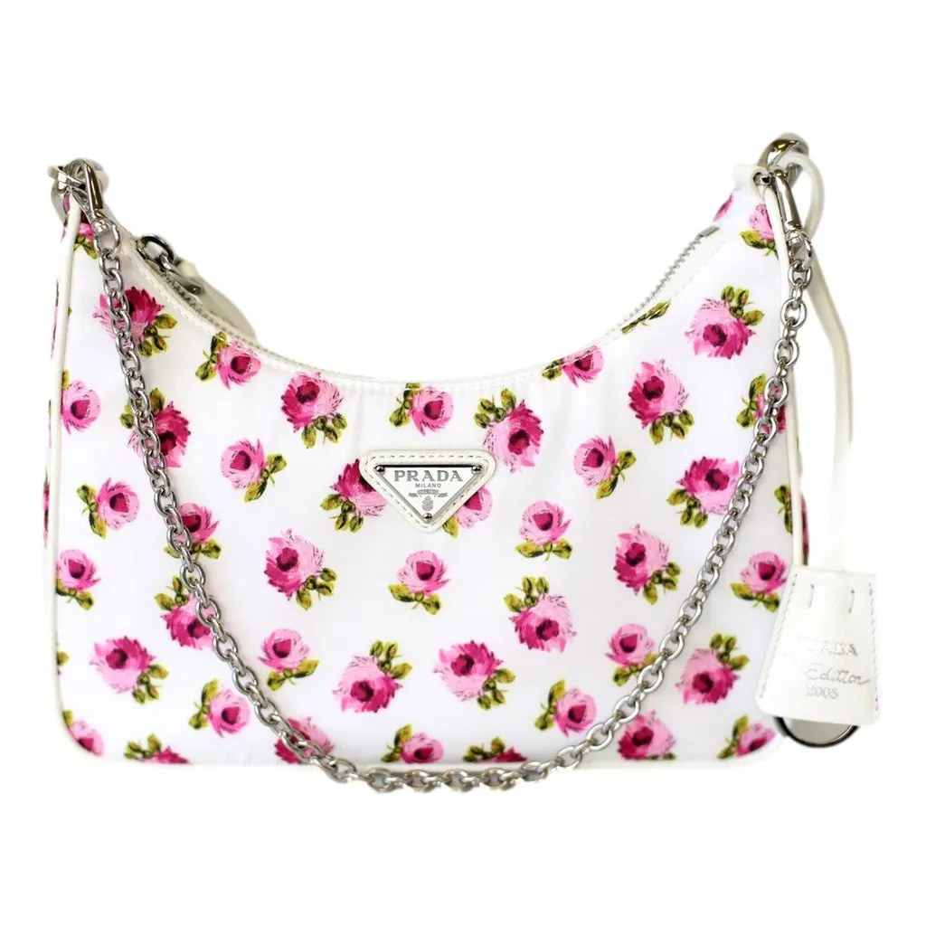 Prada Re-Edition Hobo Bag Tessuto Nylon Womens Mini Pink and White Floral Pink Polyamide Never worn - Front View