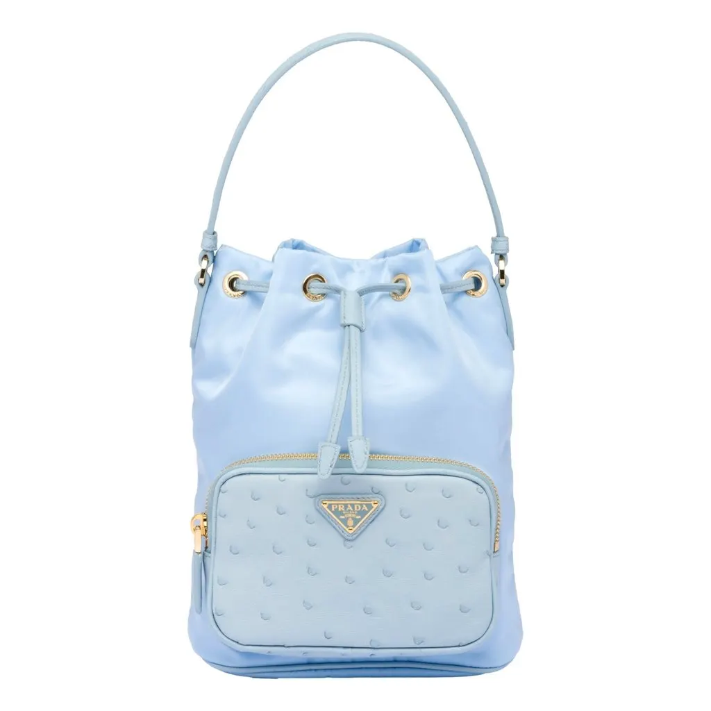 Prada Duet Tessuto Nylon Ostrich Leather Cielo Blue Bucket Bag Blue Leather Never worn - Front View
