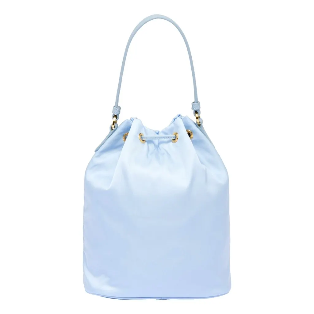 Prada Duet Tessuto Nylon Ostrich Leather Cielo Blue Bucket Bag Blue Leather Never worn - Back View