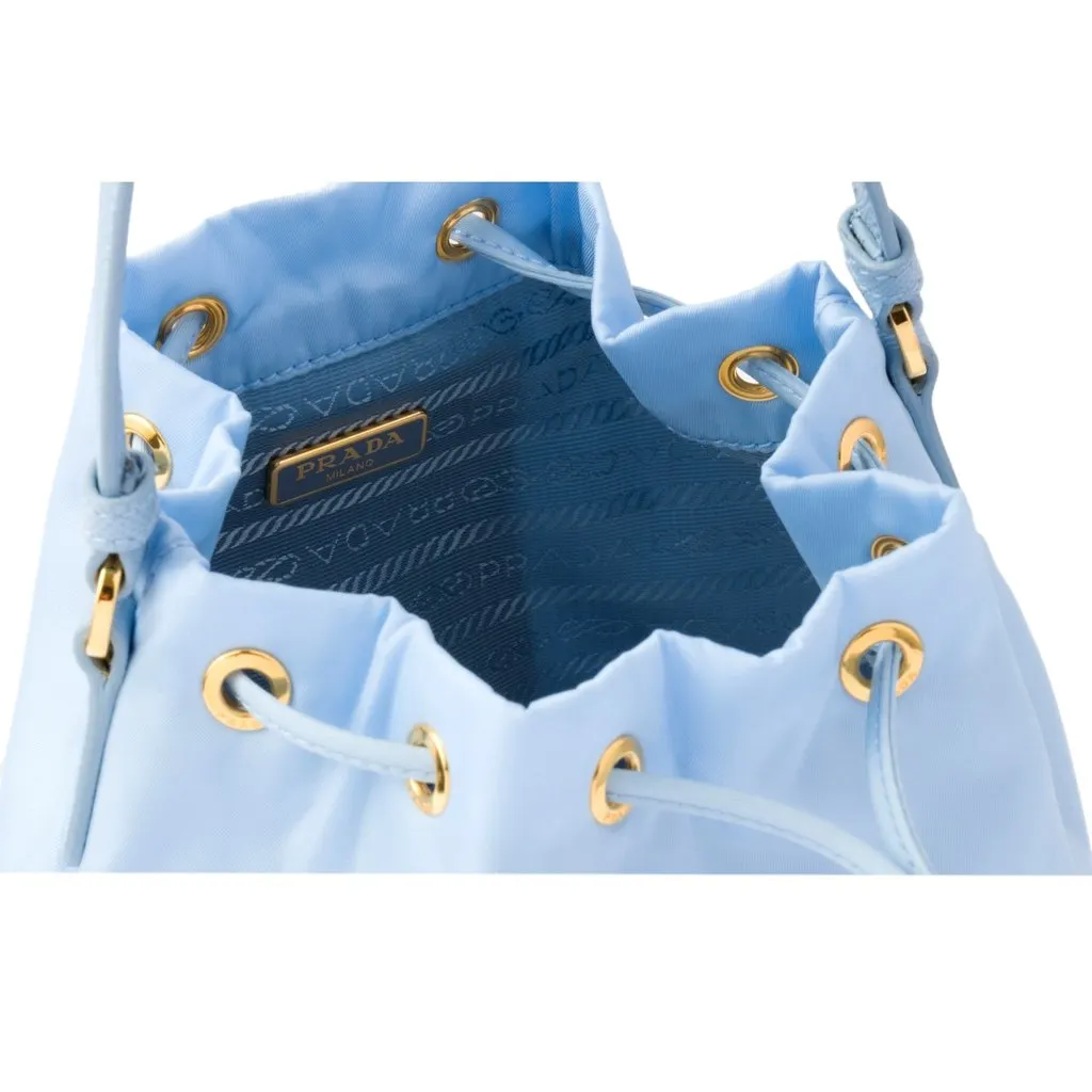 Prada Duet Tessuto Nylon Ostrich Leather Cielo Blue Bucket Bag Blue Leather Never worn - Inside View
