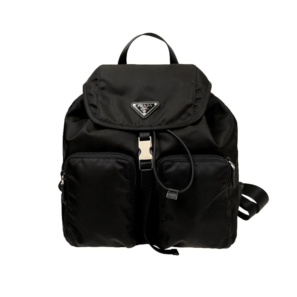 Prada Re-Nylon and Saffiano Leather Trim Medium Drawstring Rucksack Backpack in Black Black Leather Never worn - Front View