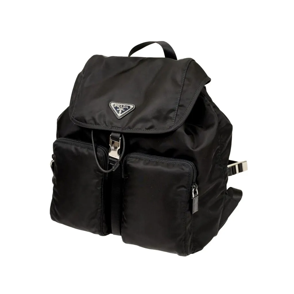 Prada Re-Nylon and Saffiano Leather Trim Medium Drawstring Rucksack Backpack in Black Black Leather Never worn - Back View
