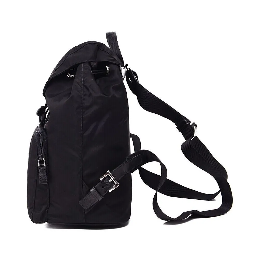Prada Re-Nylon and Saffiano Leather Trim Medium Drawstring Rucksack Backpack in Black Black Leather Never worn - Model View