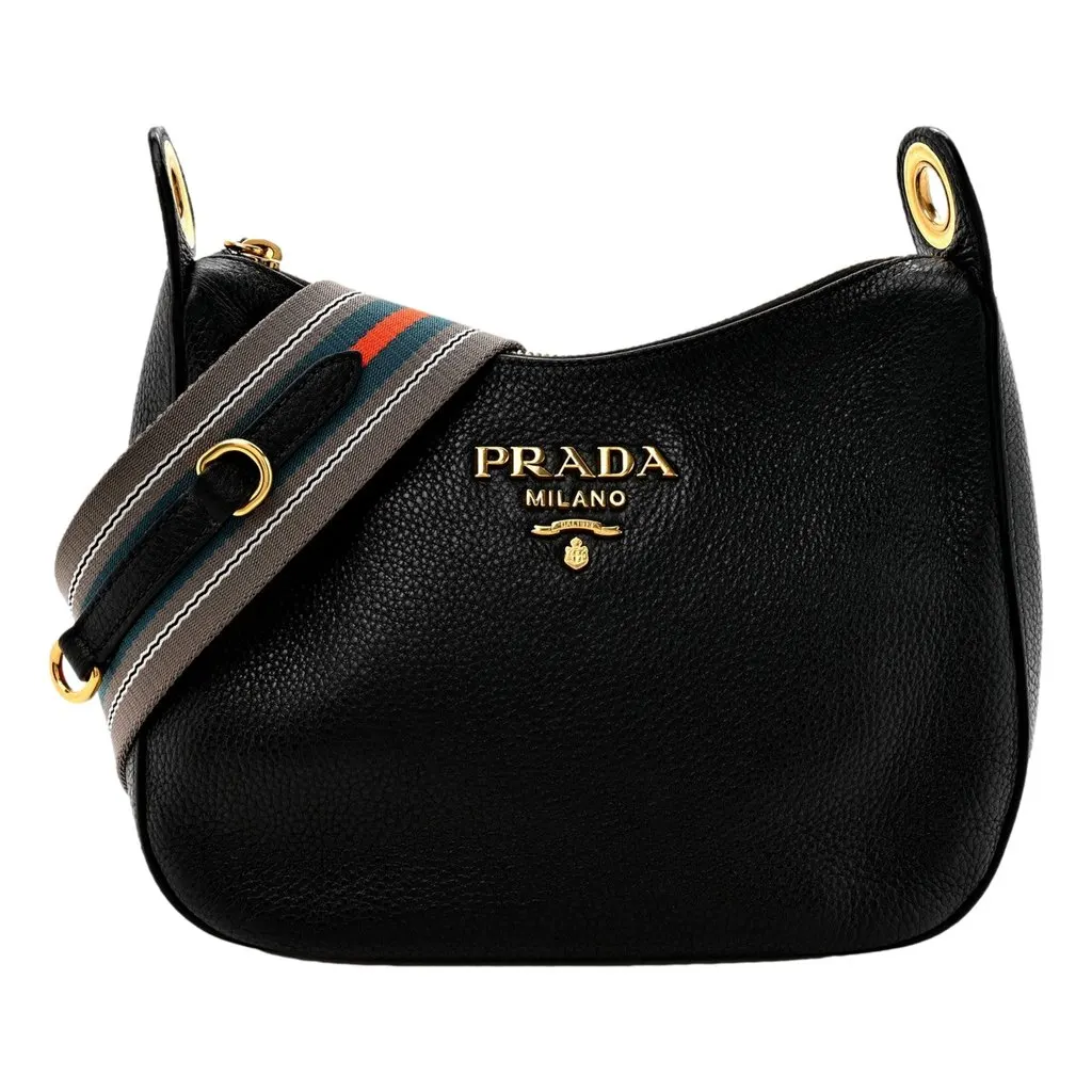 Prada Prada Vitello Phenix Zippered Messenger Hobo Black Leather Shoulder Bag Black Leather Never worn - Front View
