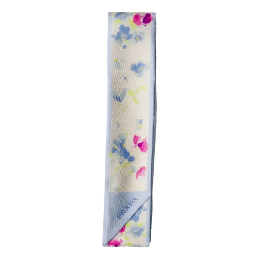 Prada Light Blue Floral Print Silk Thin Scarf Blue Silk Never worn - Front View
