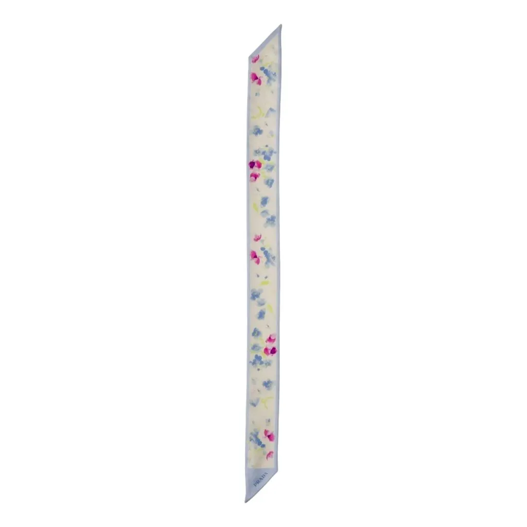 Prada Light Blue Floral Print Silk Thin Scarf Blue Silk Never worn - Inside View