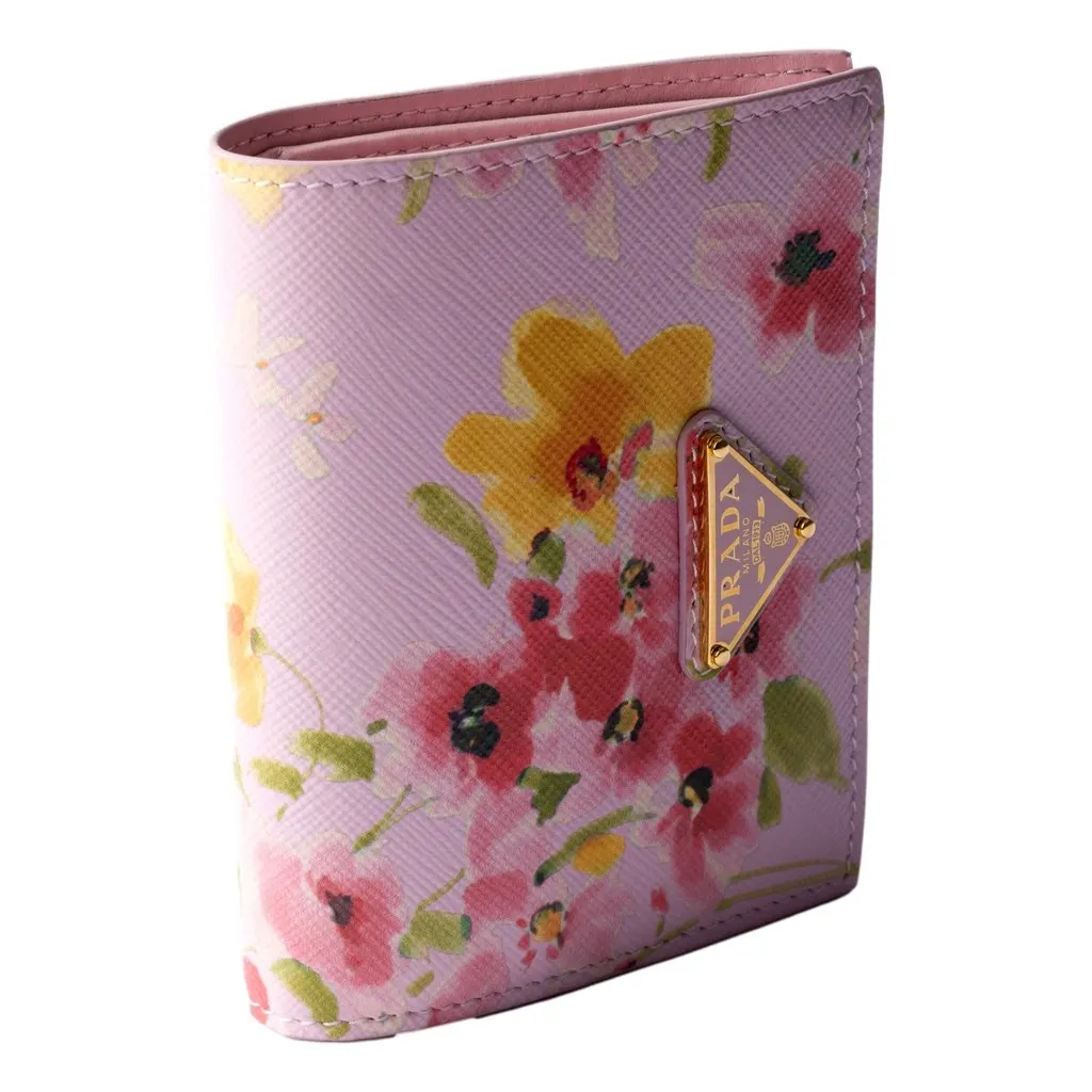 Prada Saffiano Leather Floral Bifold Wallet In Light Pink Pink Leather Never worn - Back View