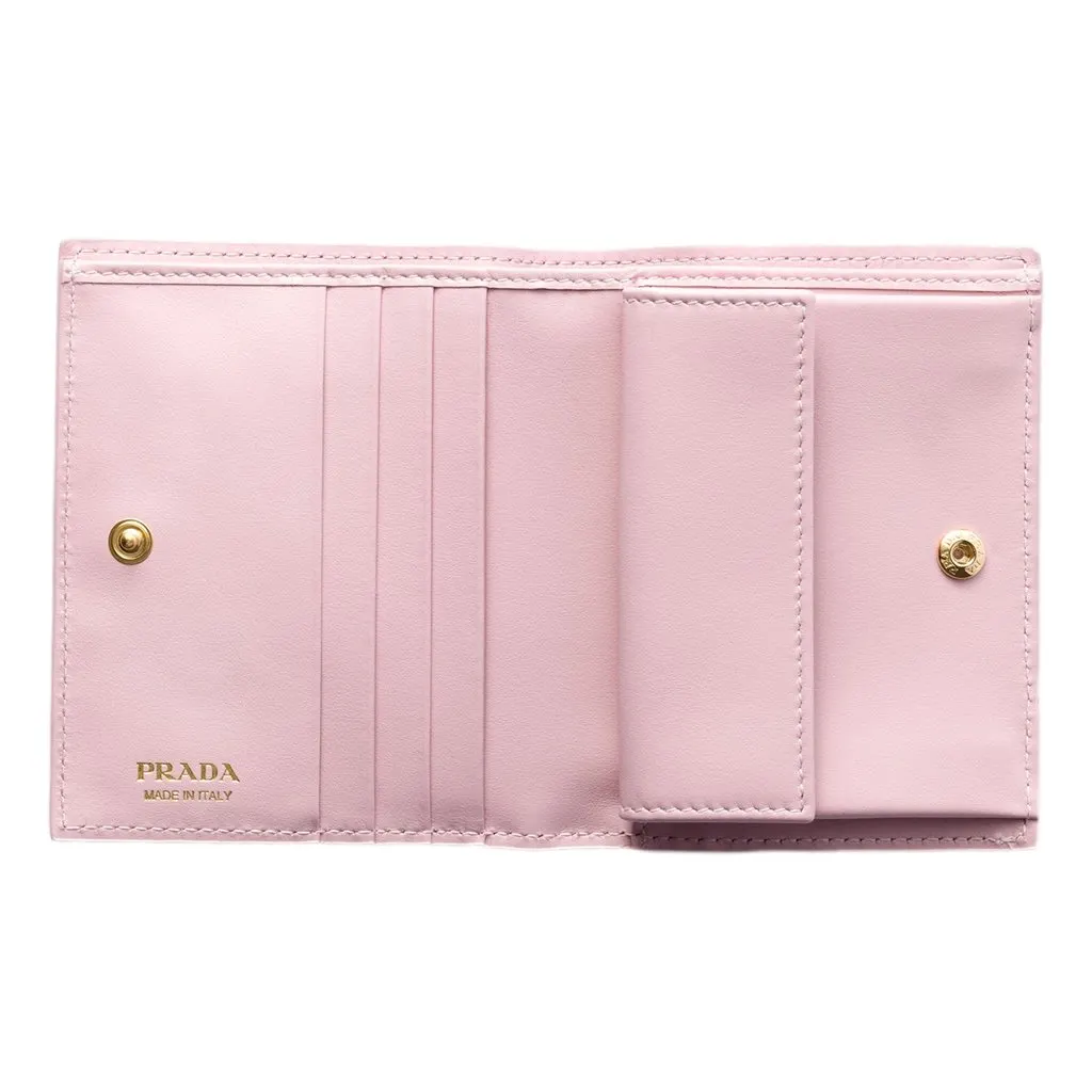 Prada Saffiano Leather Floral Bifold Wallet In Light Pink Pink Leather Never worn - Model View