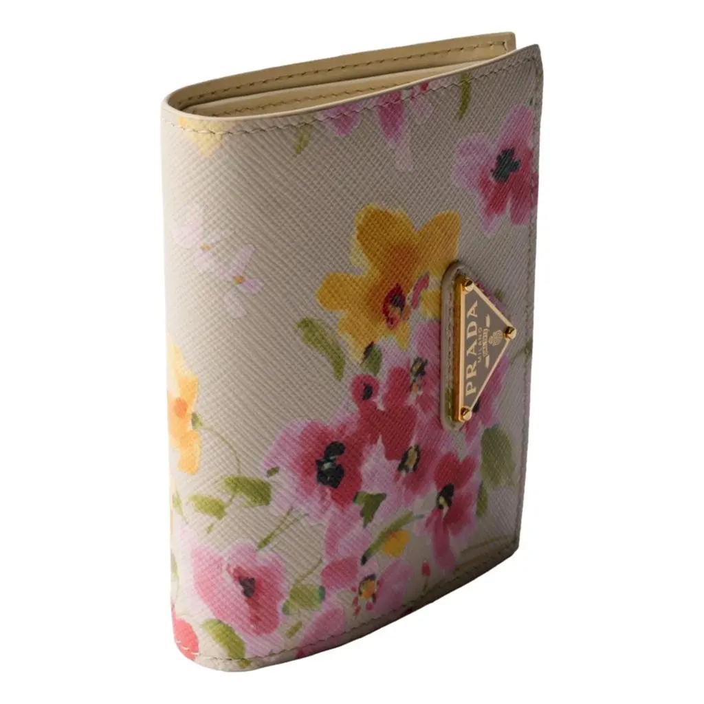 Prada Saffiano Leather Floral Bifold Wallet In Neutral Brown Leather Never worn - Back View