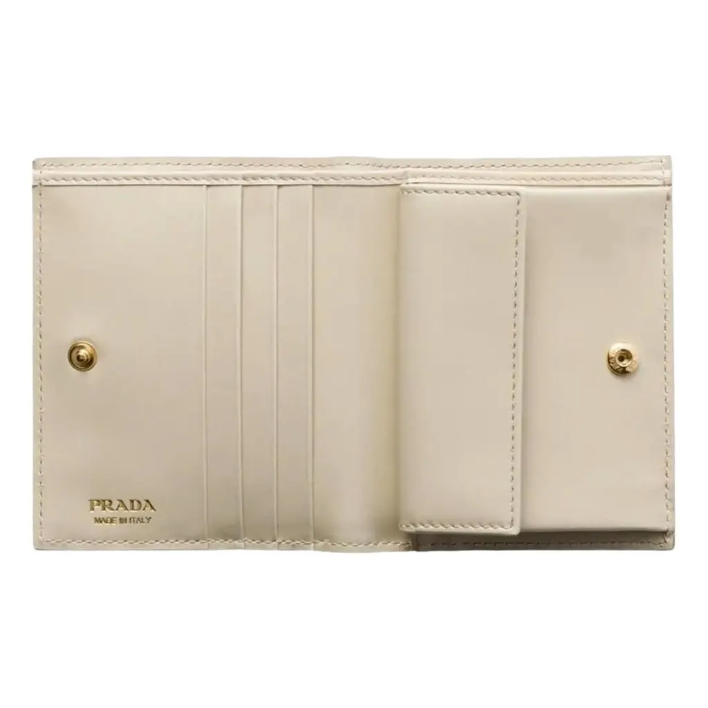 Prada Saffiano Leather Floral Bifold Wallet In Neutral Brown Leather Never worn - Model View