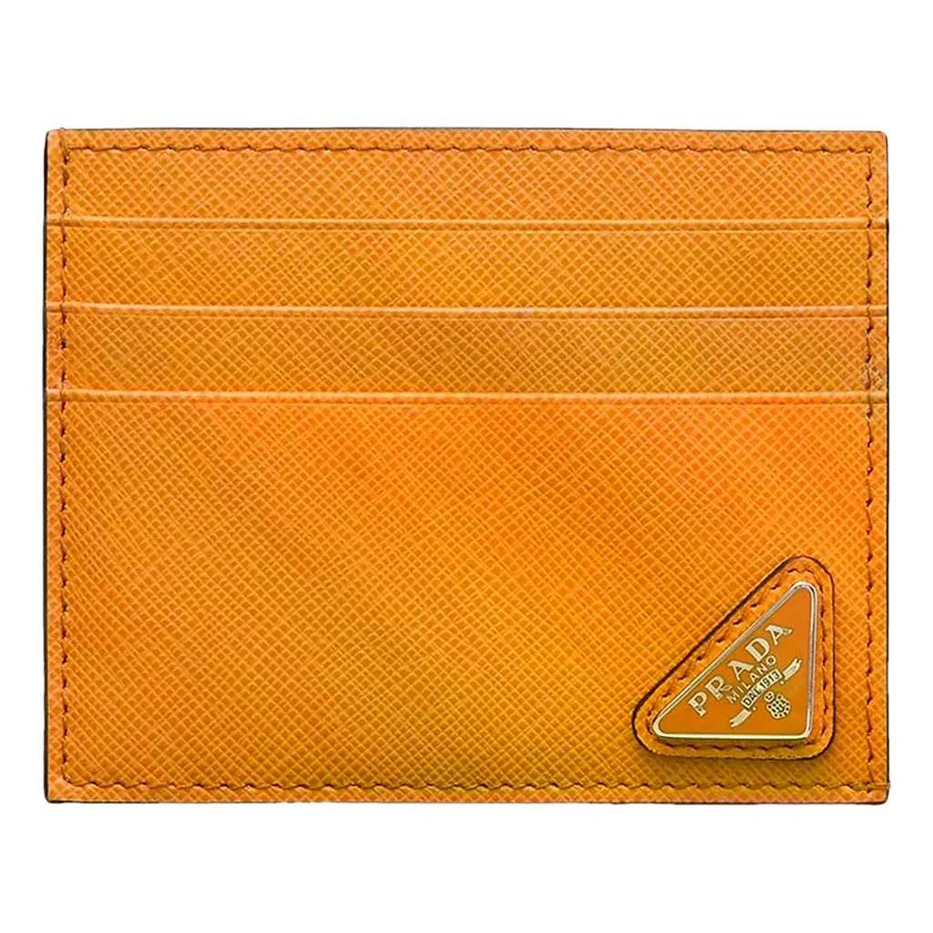 Prada Saffiano Triangle Logo Card Holder Wallet Ambra Orange Orange Leather Never worn - Front View