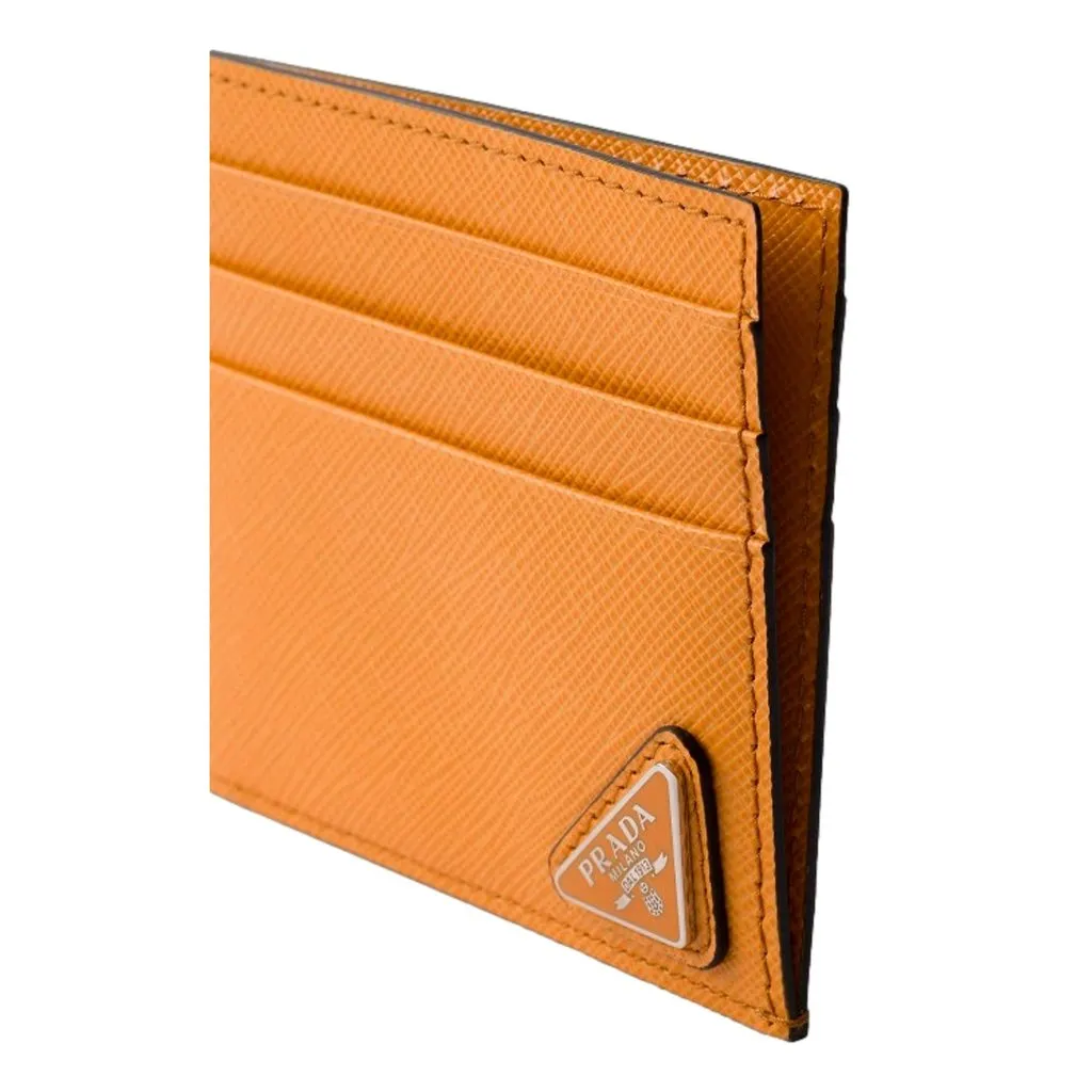 Prada Saffiano Triangle Logo Card Holder Wallet Ambra Orange Orange Leather Never worn - Inside View
