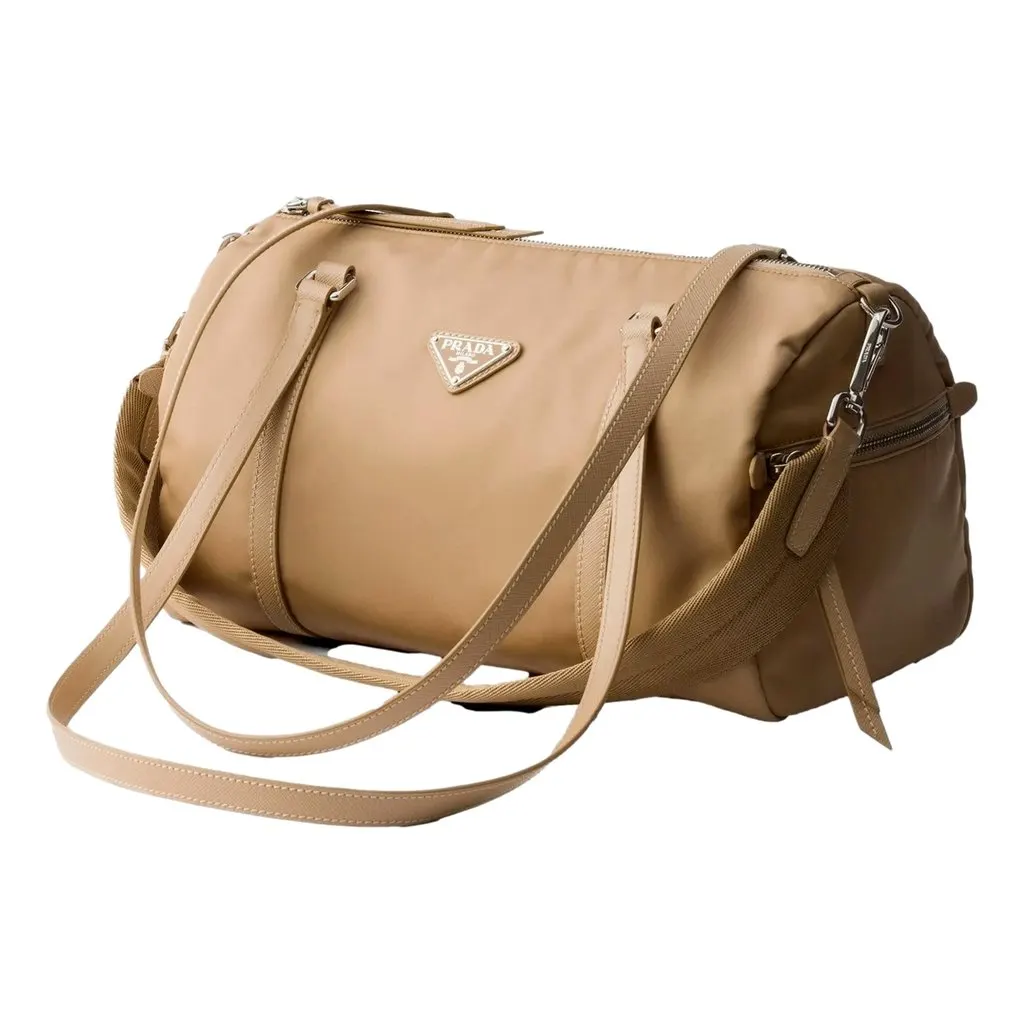 Prada Prada Small Re-Nylon and Saffiano Leather Duffel Bag Camello Beige Brown Leather Never worn - Model View