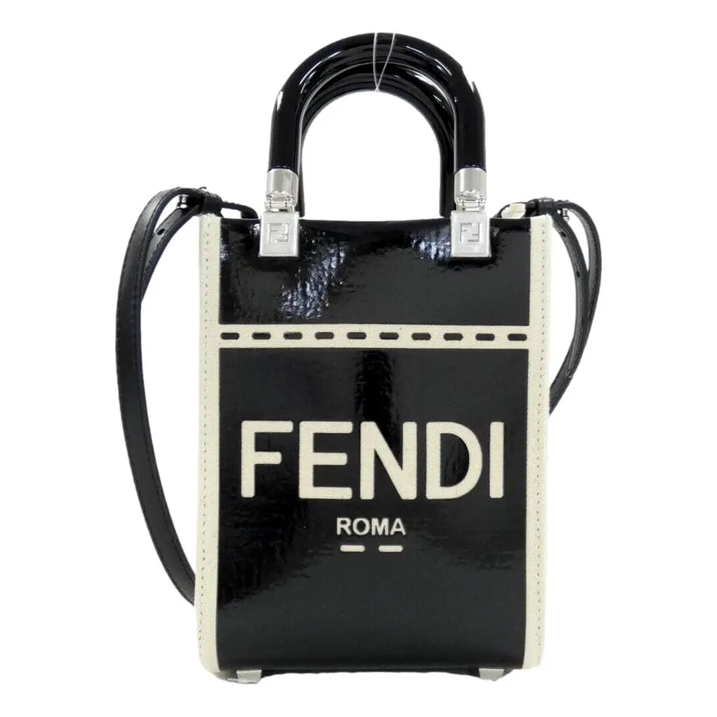 Fendi FF Mini Bag Shopper Tote Crossbody Bag Leather and Canvas Black Black Leather Never worn - Front View