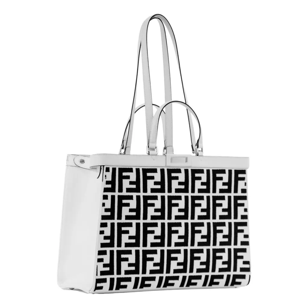 Fendi FF Canvas X-Tote Bag Black White Leather Trim Turn Lock Black Leather Never worn - Back View