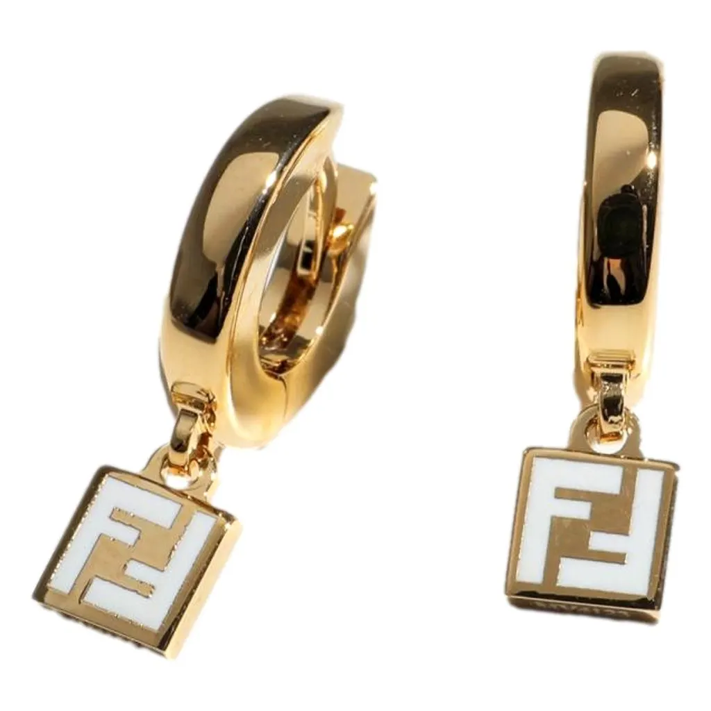 Fendi FF ذهبي Tone Metal أبيض إينامل صغيرة Hoop أقراط