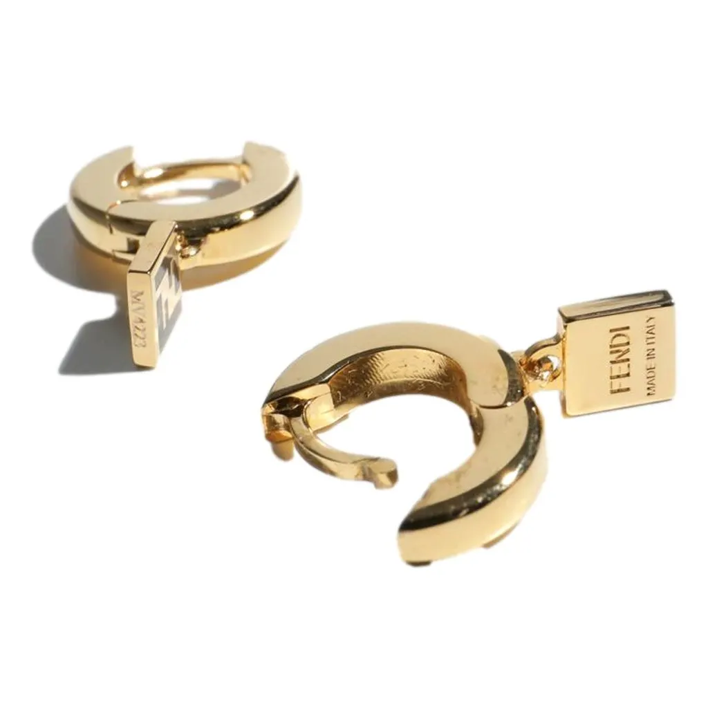 Fendi FF Gold Tone Metal White Enamel Small Hoop Earrings Yellow Never worn - Back View