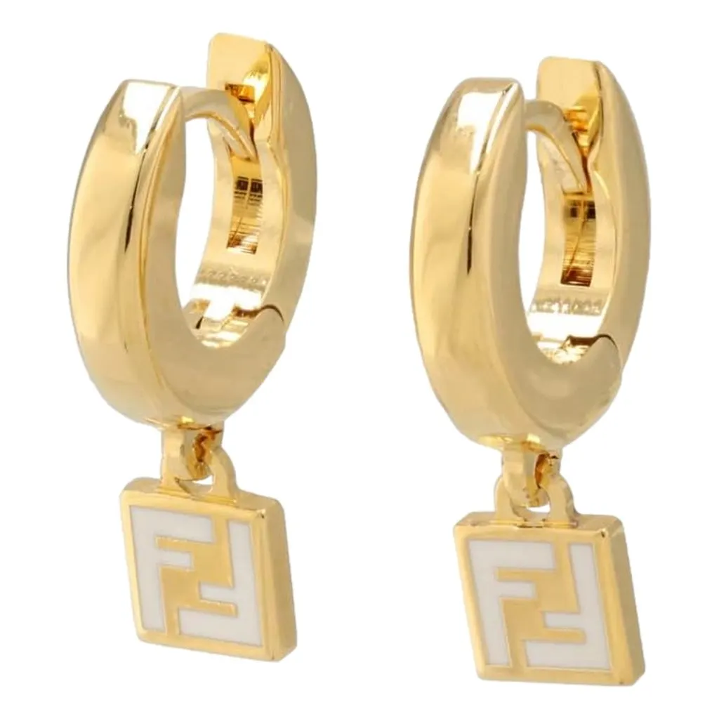 Fendi FF Gold Tone Metal White Enamel Small Hoop Earrings Yellow Never worn - Inside View