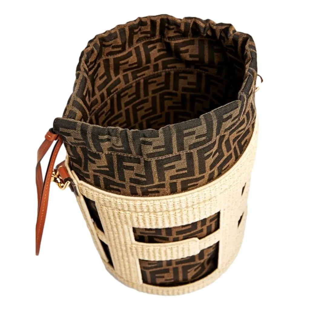 Fendi Step Out Straw and Canvas Medium Bucket Bag FF Monogram Brown Canvas Never worn - Model View